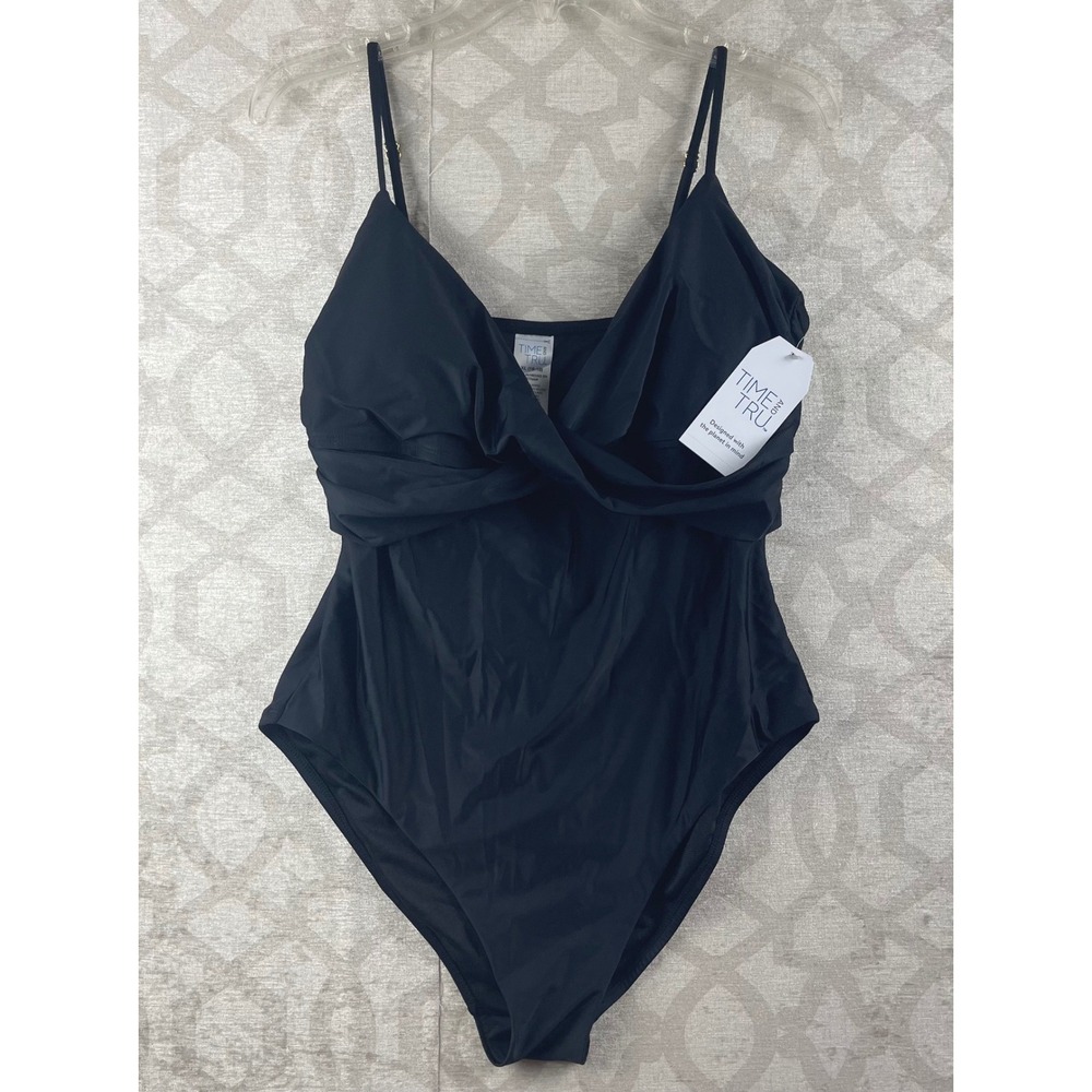 Time and Tru One Piece Swimsuit Women XL Black NWT Twist Front Recycled Nylon